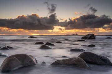 Stunning Sunset at the Coast – Long Exposure Capturing the Smooth Flow of Water and Vibrant Sky Colors, Creating a Peaceful and Serene Seaside Landscape Norway Norge - Jæren, jærstrendene