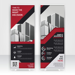 Modern design of annual report display stands showcasing professional graphics in an office environment with red color