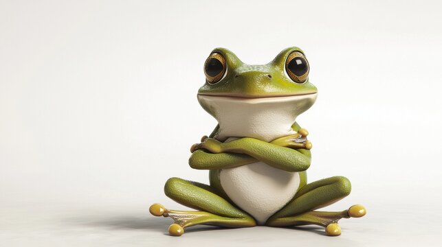 Cute green frog character sitting crossed arms on floor indoor art
