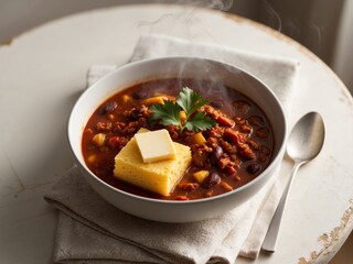 Warm Chili and Cornbread with Fresh Herbs and Steam.