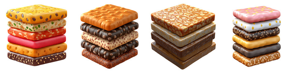 A stack of protein bars in various flavors with detailed wrappers and textured surfaces, isolated on white and transparent background