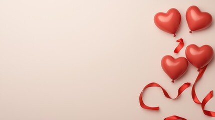Heart Shaped Balloons with Red Ribbons on a Light Background for Celebratory and Romantic Themes