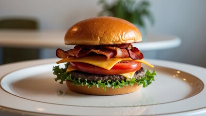 A juicy tasty hamburger lies on the table.