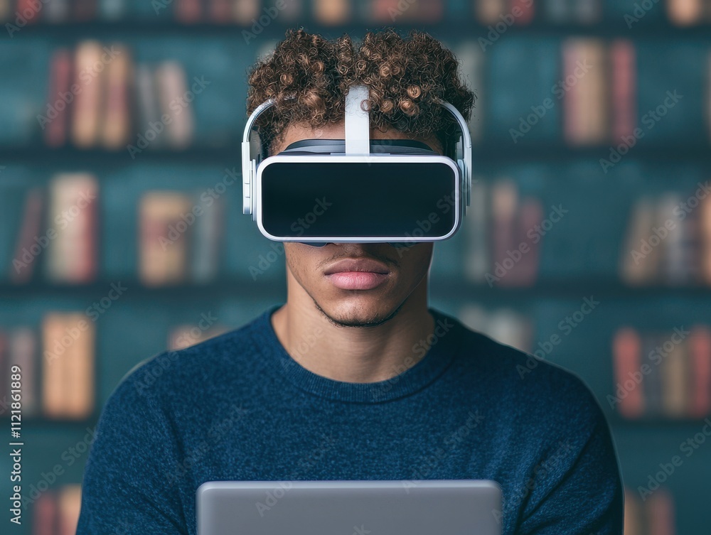 Poster experiencing virtual reality technology home library digital content modern environment focused view