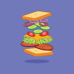 A colorful vector illustration of a deconstructed sandwich with floating ingredients including bread, lettuce, tomato, cheese, cucumber, onion, and salami on a purple background.