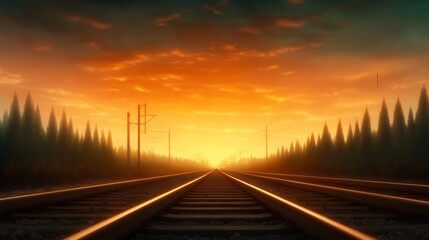 Fototapeta premium A serene landscape featuring railway tracks leading into the horizon at sunset, surrounded by trees, Ideal for travel, transportation themes, or conveying a sense of adventure and exploration,