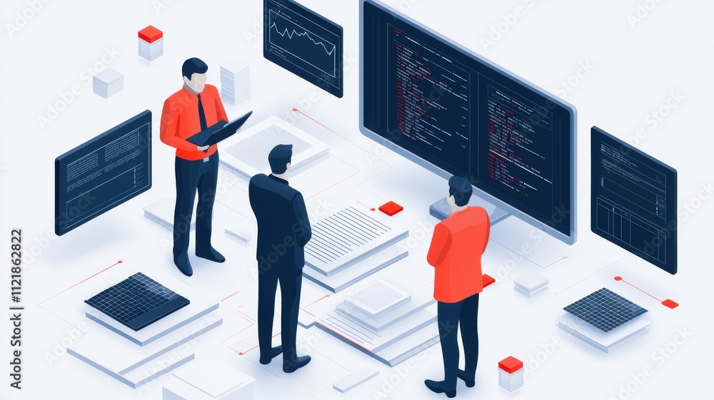 Poster data analysis meeting office environment digital workspace collaborative team discussion modern tech