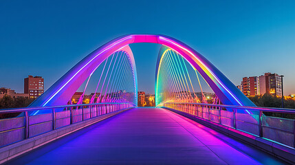 Obraz premium Illuminated Modern Bridge at Dusk Cityscape Rainbow Lights Urban Architecture