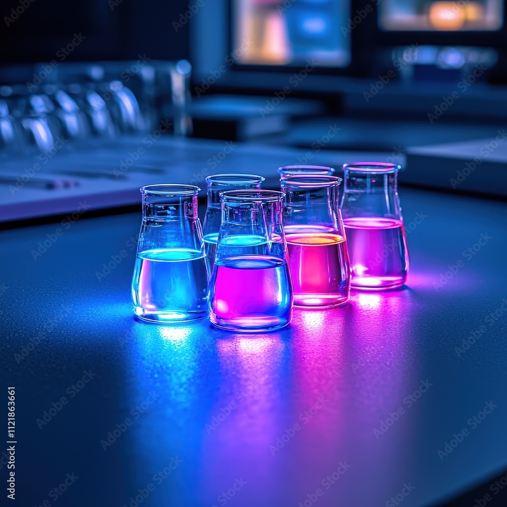 Poster vibrant flasks filled with colorful liquids, illuminated in a dimly lit laboratory, showcasing scien