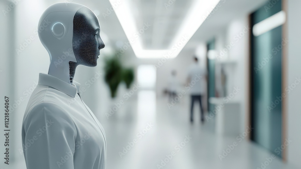Poster performance optimization assessment concept. a futuristic humanoid robot in a modern corridor.
