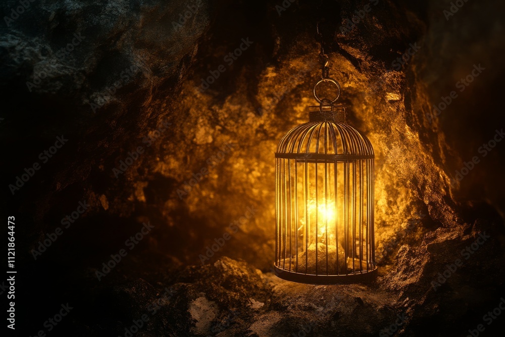 Poster vintage birdcage lantern illuminated in a dark cavern, creating a mysterious and enigmatic atmospher