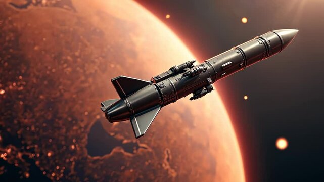 Military missile with warhead levitating in space against red planet Earth