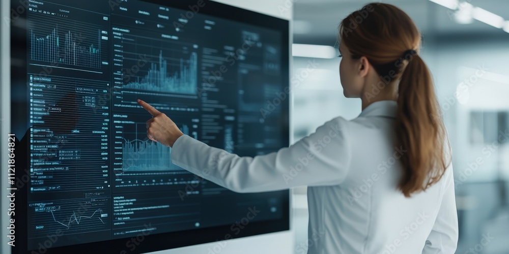 Poster performance optimization assessment concept. professional analyzing data on a digital screen in a mo