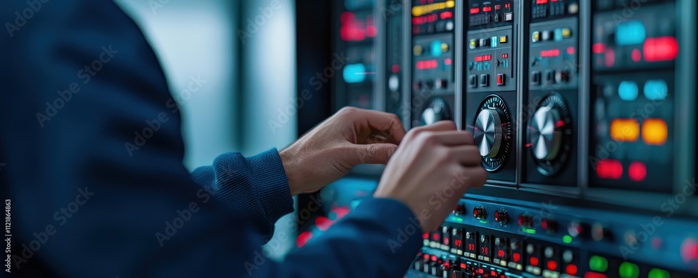 Poster performance optimization assessment concept. close-up of hands adjusting controls on a vintage audio