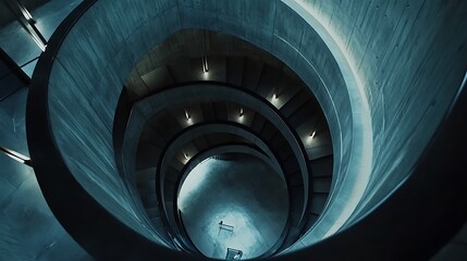 Obraz premium Concrete Spiral Staircase Descending Into Modern Interior