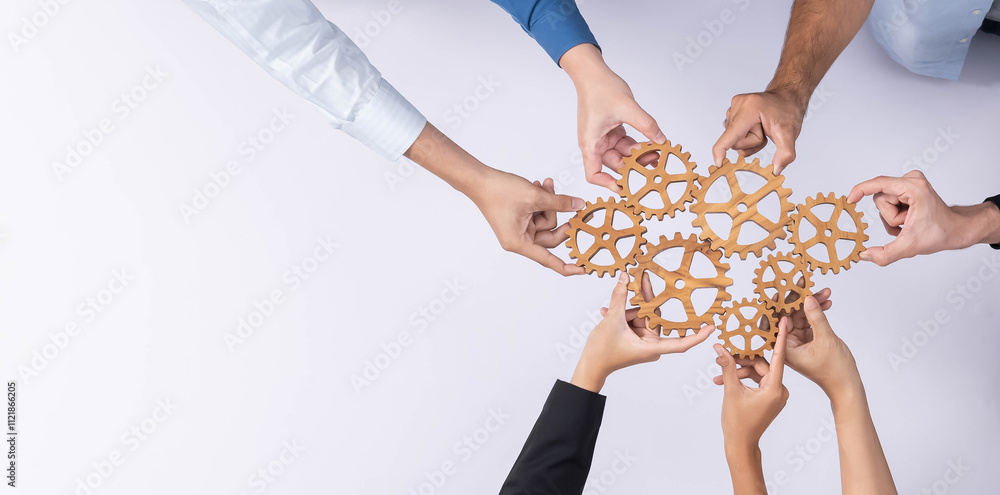 Poster top panorama banner of business team joining cogwheel in circular together symbolize successful grou