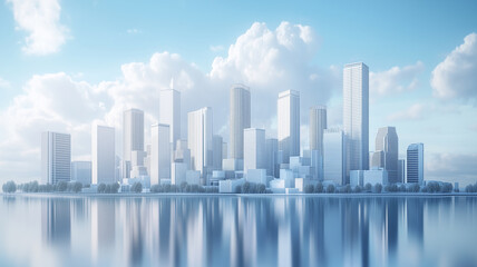 Fototapeta premium modern city skyline featuring high rise buildings and reflective water. scene captures serene atmosphere with soft clouds and clear blue sky, showcasing urban architecture