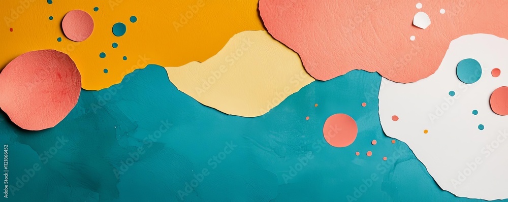 Poster vibrant abstract design with colorful shapes and textures on a layered background.