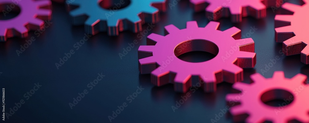 Aufkleber performance optimization assessment concept. colorful gears arranged on a dark surface, symbolizing 