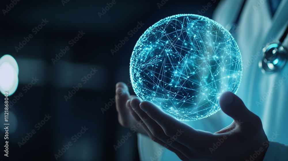 Poster a close-up of a glowing digital globe with health data streams, held by a doctor using a stethoscope