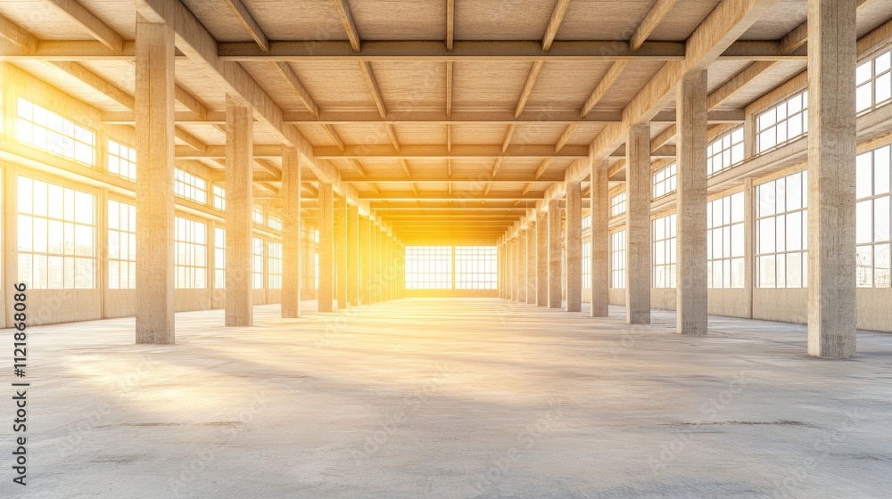 Poster brightly lit industrial space showcases a large empty concrete floor surrounded by columns and expan