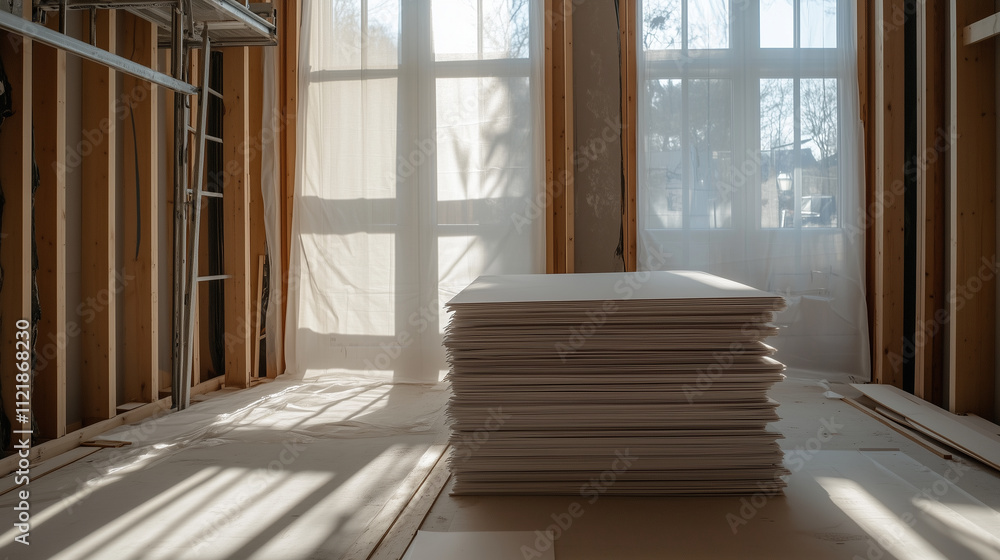 Poster a neat stack of drywall sheets positioned on a construction site, surrounded by wooden frames and sc