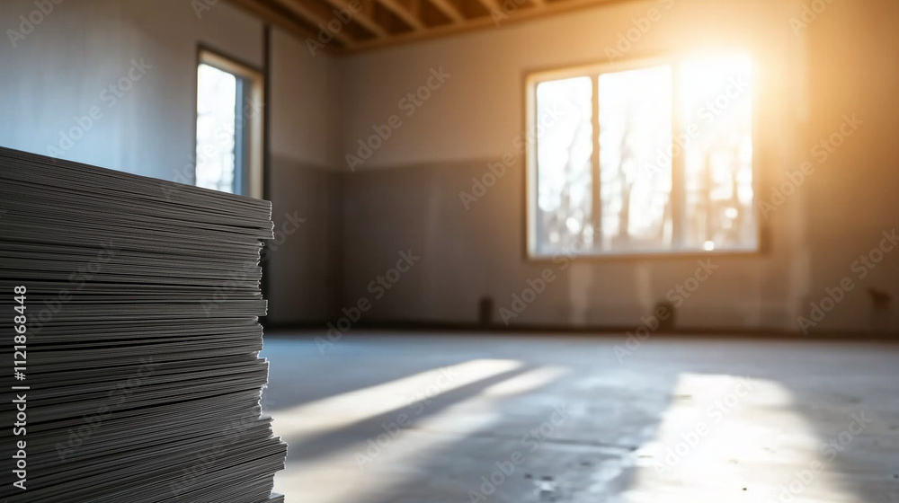 Poster stacked drywall sheets in a partially built room, with beams and insulation visible, highlighting th