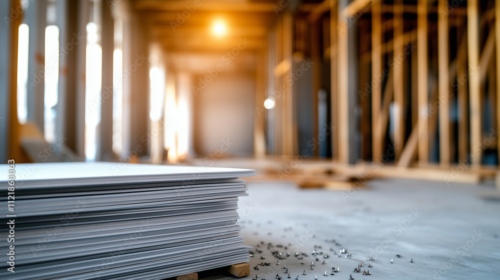 Poster a modern construction site with stacked drywall sheets centered in the frame, surrounded by framing 