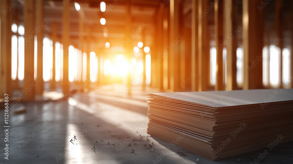 Poster A modern construction site with stacked drywall sheets centered in the frame, surrounded by framing lumber and scattered nails on the floor