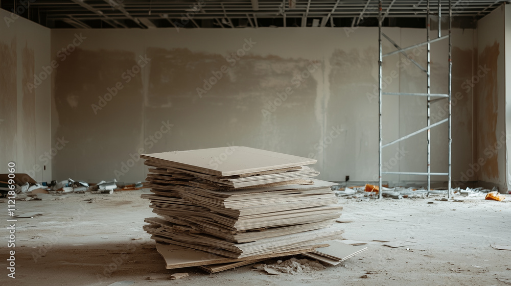 Poster a dusty stack of drywall sheets on a floor covered with construction debris, with visible scaffoldin