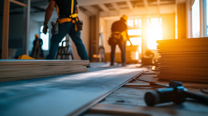 Obraz premium A wide-angle view of a construction site featuring stacks of drywall sheets, tools, and workers actively preparing the room for finishing