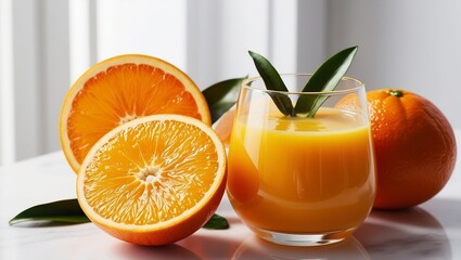 A vibrant and fresh orange cut into two perfect halves, displayed alongside a glass of freshly squeezed orange juice that looks delicious and inviting. The juice is beautifully garnished