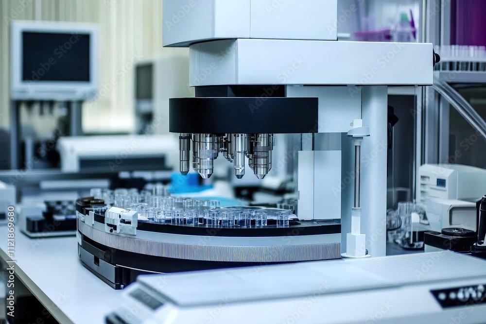 Poster biotech lab with modern instruments, symbolizing innovation and precision in science