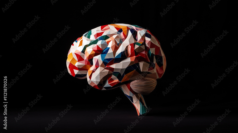 Aufkleber a side view of a geometric brain made from colorful tessellated shapes, with patterns flowing outwar
