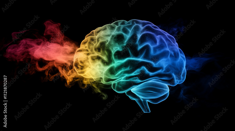 Aufkleber a stylized geometric brain in a spectrum of colors, surrounded by abstract symbols representing move