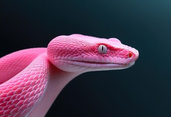Fototapeta premium Closeup of a vibrant pink snake. Its scales, eye, and body are sharply in focus against a dark background