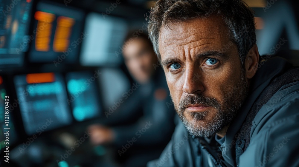 Poster close-up of a focused man in a control room setting