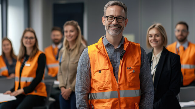 Office team in safety vests during health awareness workshop, smiling and engaged. atmosphere is positive and collaborative, highlighting teamwork and safety