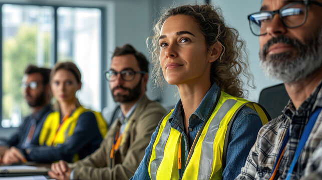 Office team attending safety and health awareness workshop, focused and engaged. diverse group wears safety vests, highlighting their commitment to workplace safety