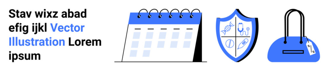 Spiral calendar, medical shield, and handbag. Ideal for scheduling, healthcare, security, fashion productivity organization lifestyle. Bold black and blue colors. Landing page