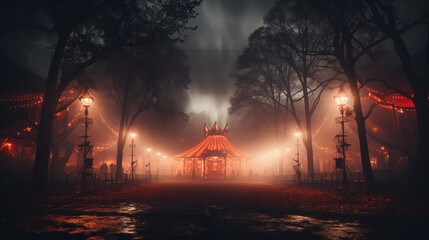 A surreal circus tent glows with eerie lights, shrouded in creeping fog, evoking a haunting Halloween atmosphere.