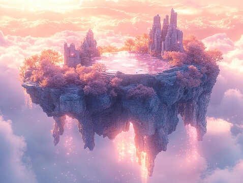 A tranquil fantastical landscape features an island with a castle, surrounded by water mirroring the scene The backdrop is painted in pink and purple hues at dawn or dusk, adding to its ethereal bea