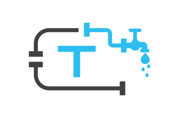 Letter T Plumber Logo Design Vector Template Concept With Pipe And Water Symbol