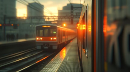 Fototapeta premium A train arriving at a station during sunset creates a warm, atmospheric scene, perfect for travel blogs, transportation themes, or city life presentations, It conveys movement and daily commutes,
