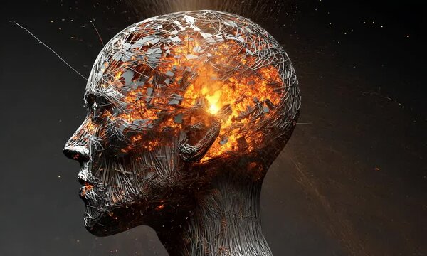 Fiery Deconstruction: A Wireframe Head Exploding in Embers