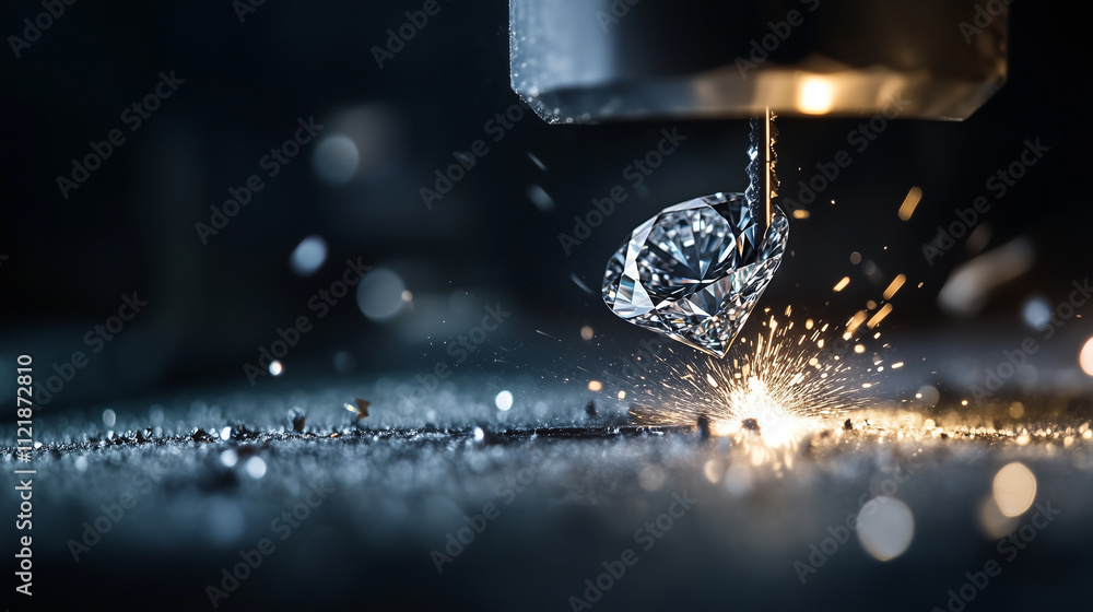 Poster a macro shot of a synthetic diamond being finely sliced by a rotating blade, with dust particles ill