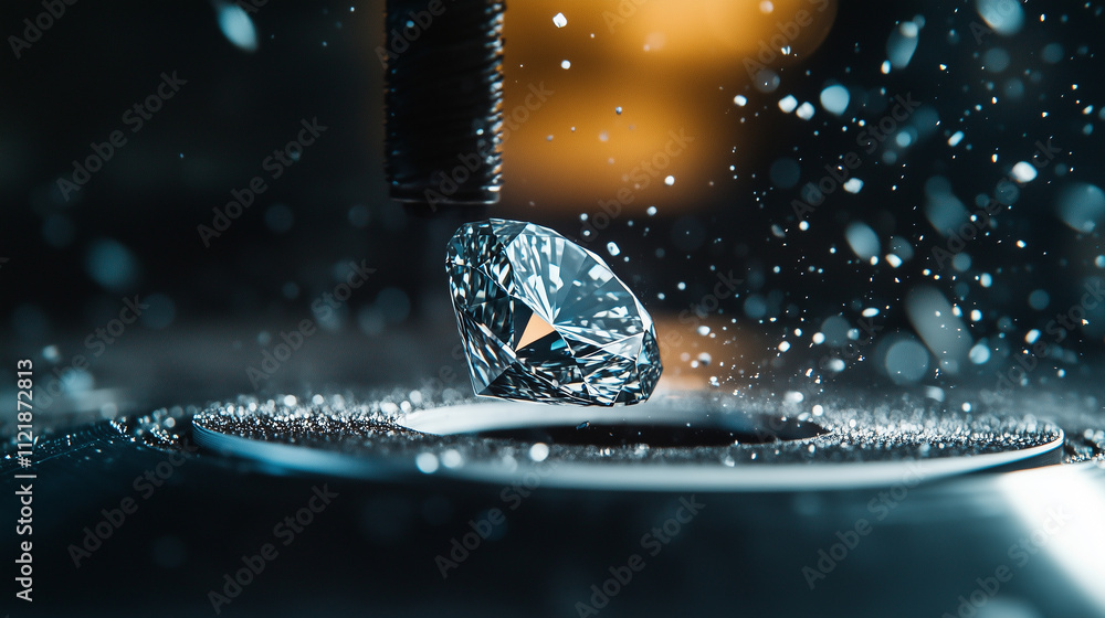 Poster a macro shot of a synthetic diamond being finely sliced by a rotating blade, with dust particles ill