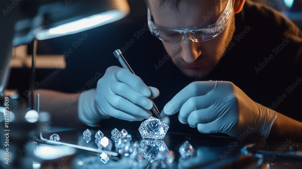 Poster a synthetic diamond undergoing fine adjustments in a precision lathe, with a technician monitoring t