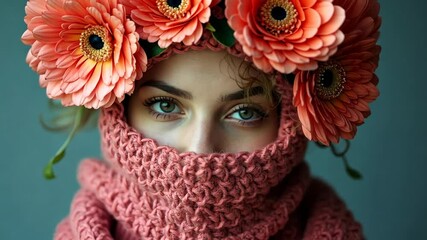 Woman wearing floral headpiece and knitted scarf in cozy setting displays unique winter fashion style