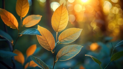 Close-up of sunlit leaves showcasing vibrant colors in a forest setting.
